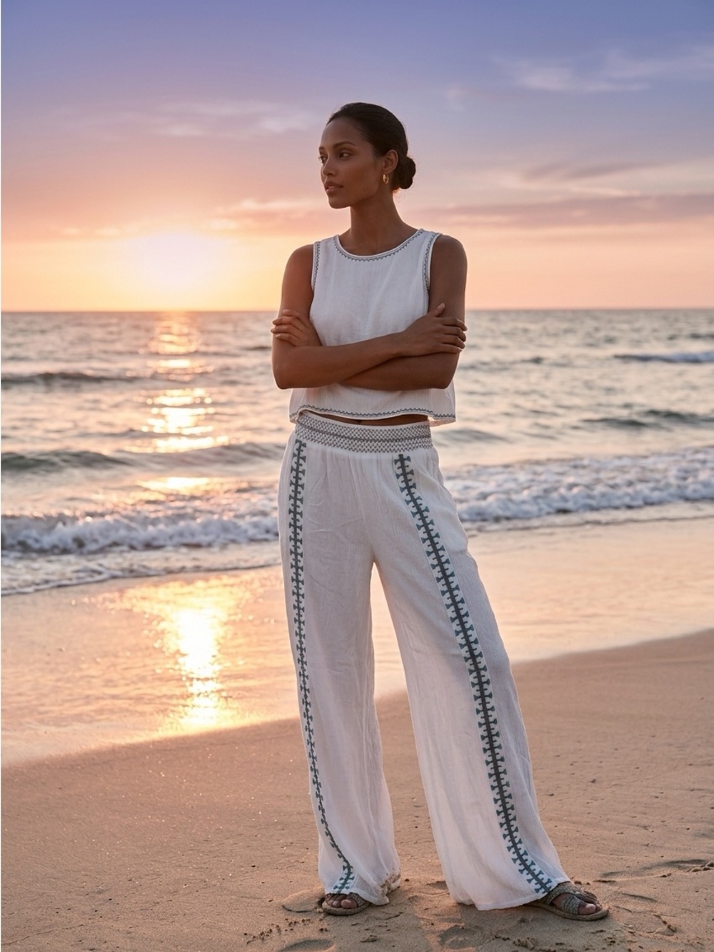 Goa Bohemian Beach Summer Embroidered Gauze Wide-Leg Pants size XL